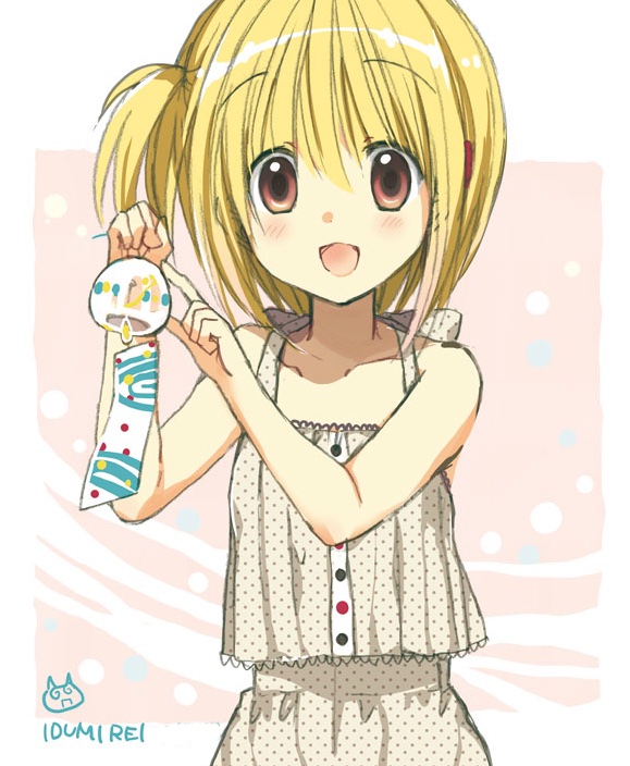 1girl, bare_shoulders, blonde_hair, hibiki_no_mahou, izumi_rei, looking_at_viewer, open_mouth, red_eyes