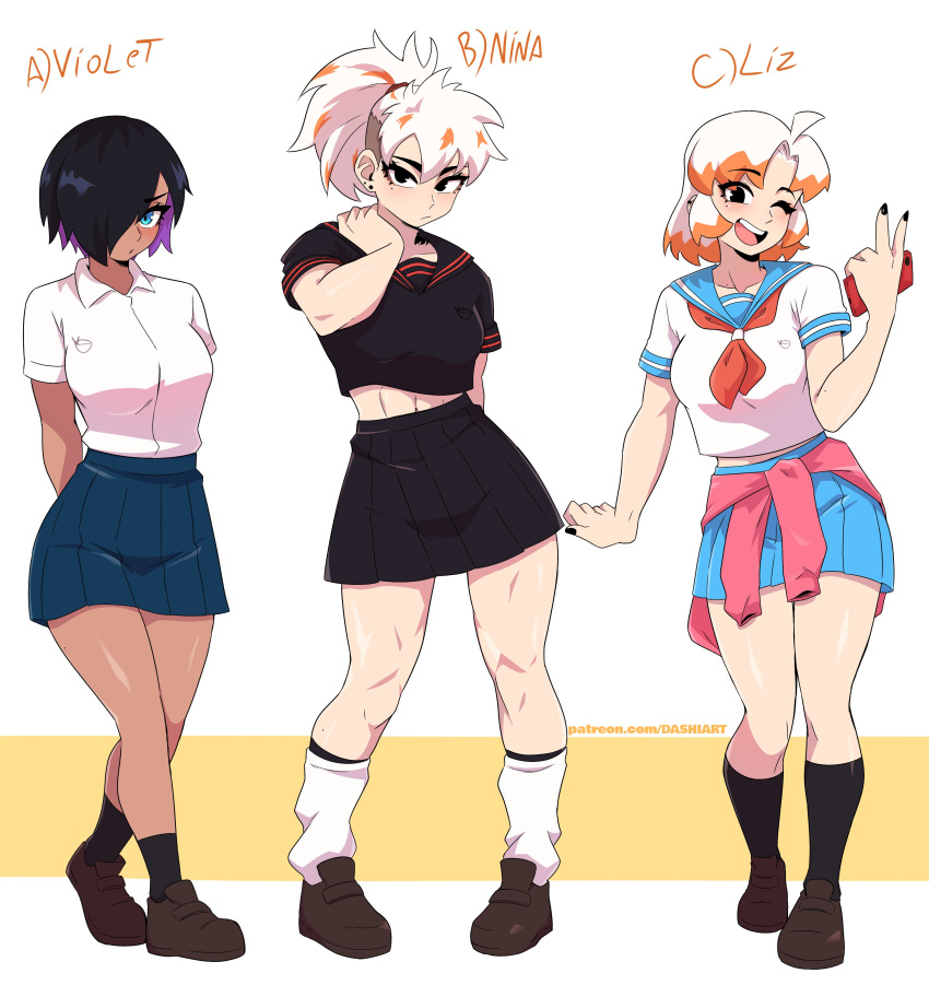 :/, abs, absurdres, arms_behind_back, black_eyes, black_hair, black_nails, black_serafuku