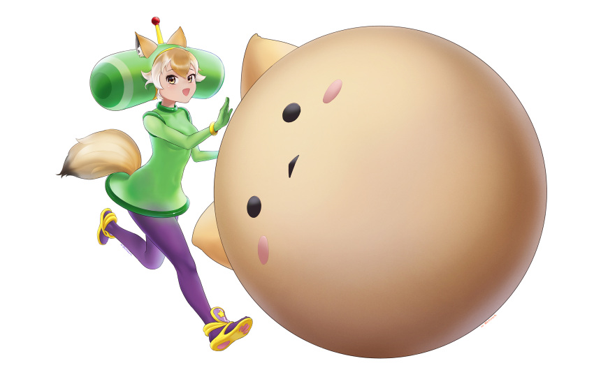 1girl, animal_ears, beleven, blonde_hair, cosplay, coyopotato, coyote_(kemono_friends), extra_ears, gloves, green_shirt, hair_ornament, highres, katamari_damacy, kemono_friends, kemono_friends_v_project, looking_at_viewer, pants, parody, purple_pants, shirt, short_hair, simple_background, tail, the_prince_(katamari_damacy), the_prince_(katamari_damacy)_(cosplay), virtual_youtuber, wolf_ears, wolf_girl, wolf_tail, yellow_eyes, yellow_footwear