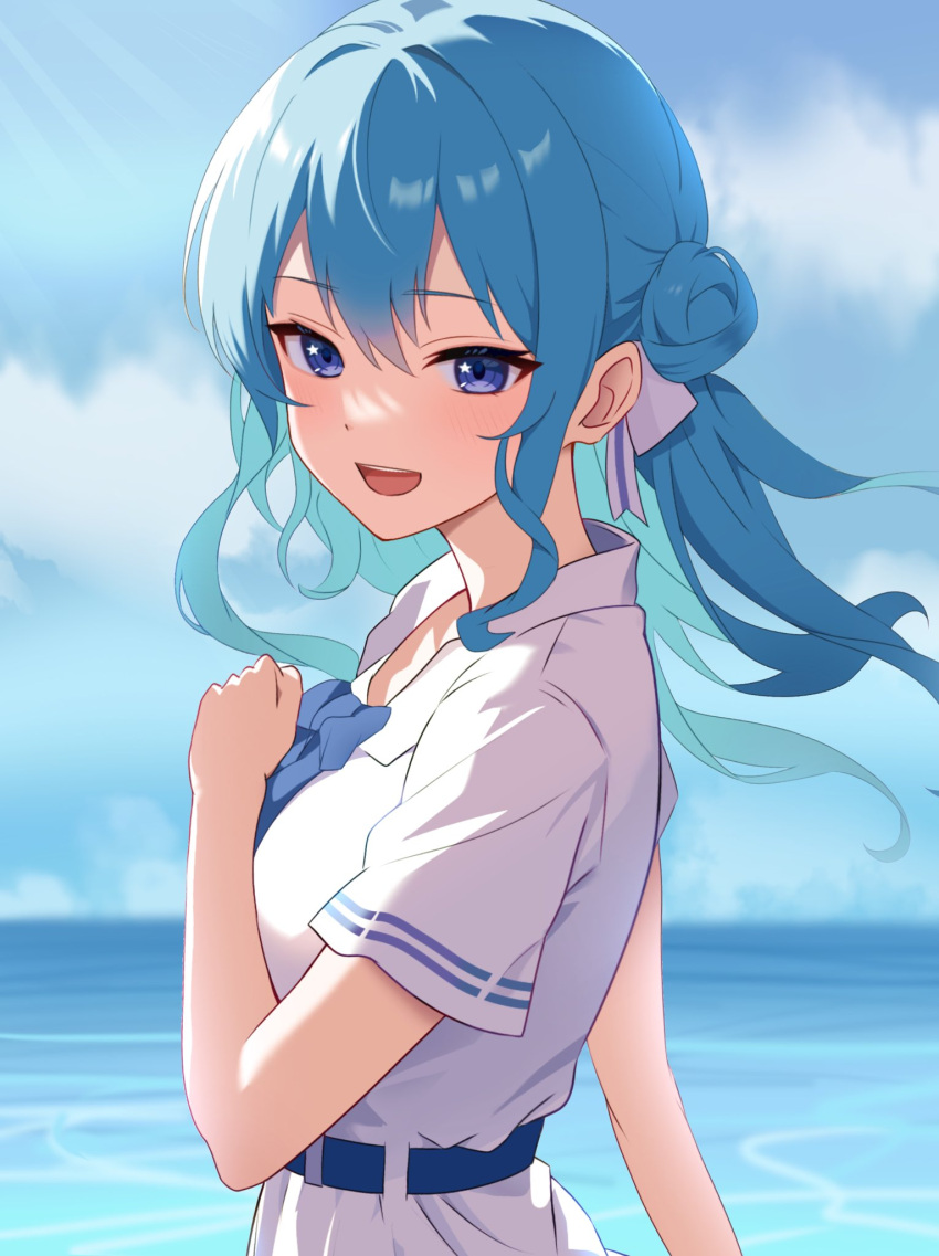 1girl, belt, blue_belt, blue_eyes, blue_hair, blush, colored_inner_hair, fawny