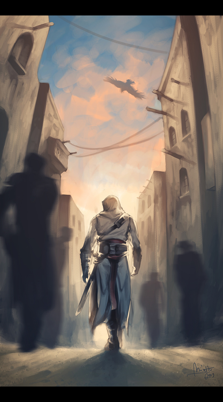 assassin's_creed, assassin's_creed, belt, bird, eagle, gloves, highres, hood, letterboxed, minttu_hynninen