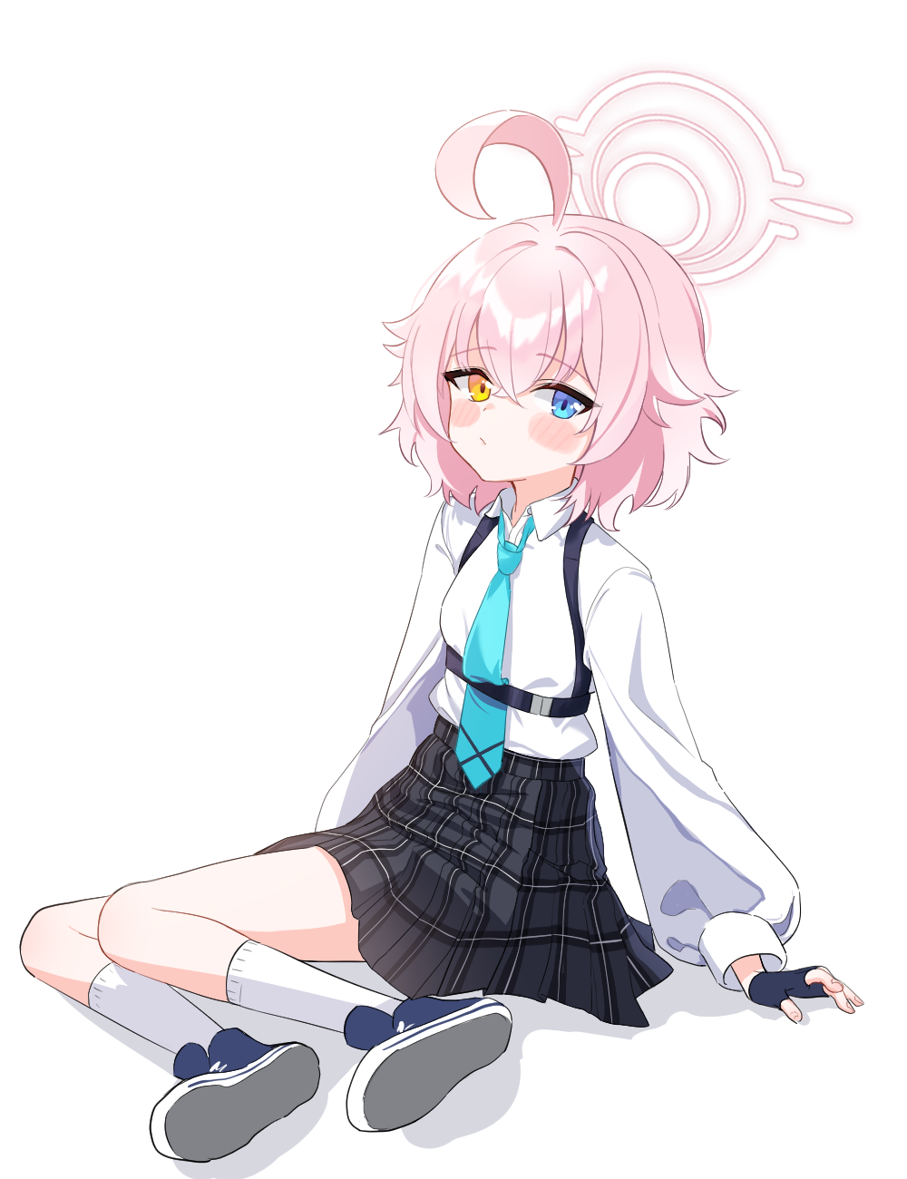 1girl, aged_down, black_gloves, blue_archive, blue_eyes, blue_necktie, blush, collared_shirt