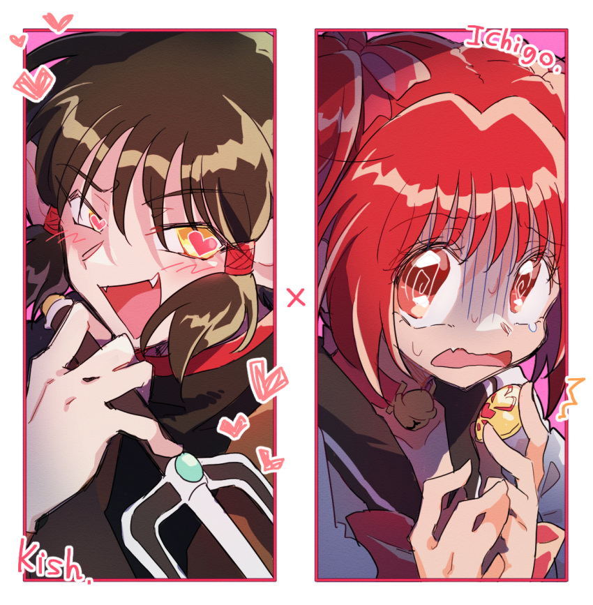 1boy, 1girl, @_@, amulet, colored_sclera, commentary_request, english_text, green_hair