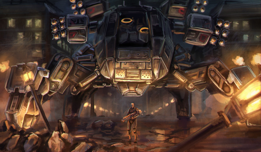 armor, battle_of_titans, city, crack, cracked_floor, full_armor, highres, lamppost, mecha, missile_pod, nelly_(battle_of_titans), night, pilot, piston, power_armor, road, robot, science_fiction, shattered, soldier, street, tagme, walker, war