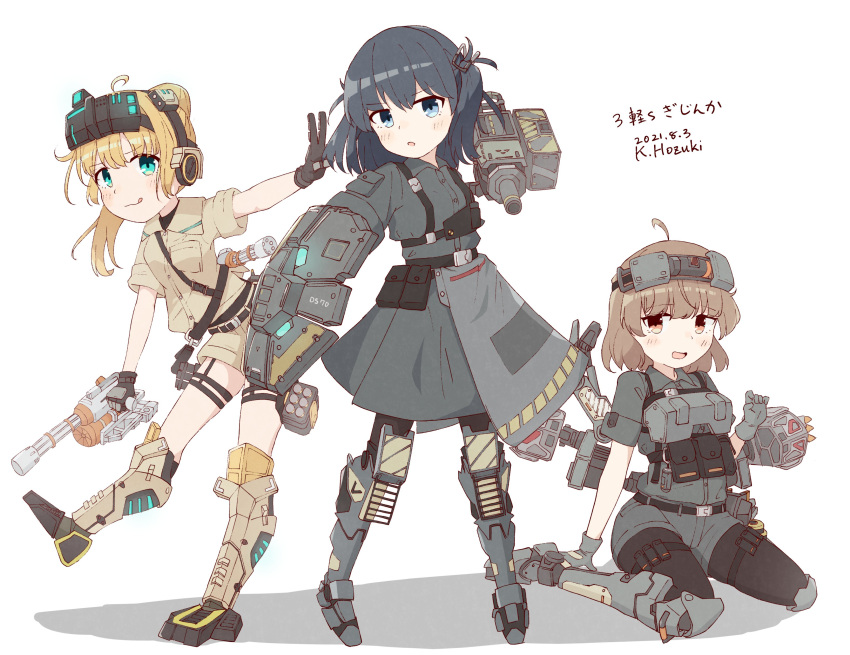 3girls, absurdres, armored_boots, battle_of_titans, belt, black_hair, blonde_hair, blue_eyes, boots, bully_(battle_of_titans), cannon, gatling_gun, gloves, headgear, headset, highres, holding, holding_shield, holding_weapon, hozukikasumi, knee_pads, leg_belt, light_brown_hair, little_shon_(battle_of_titans), mecha_musume, mechanical_legs, mechanical_parts, military, minigun, missile_pod, mite_(battle_of_titans), multiple_girls, orange_eyes, personification, petite, plate_carrier, ponytail, shield, shirt, short_hair, shorts, side_ponytail, skirt, t-shirt, utility_belt, weapon, white_background