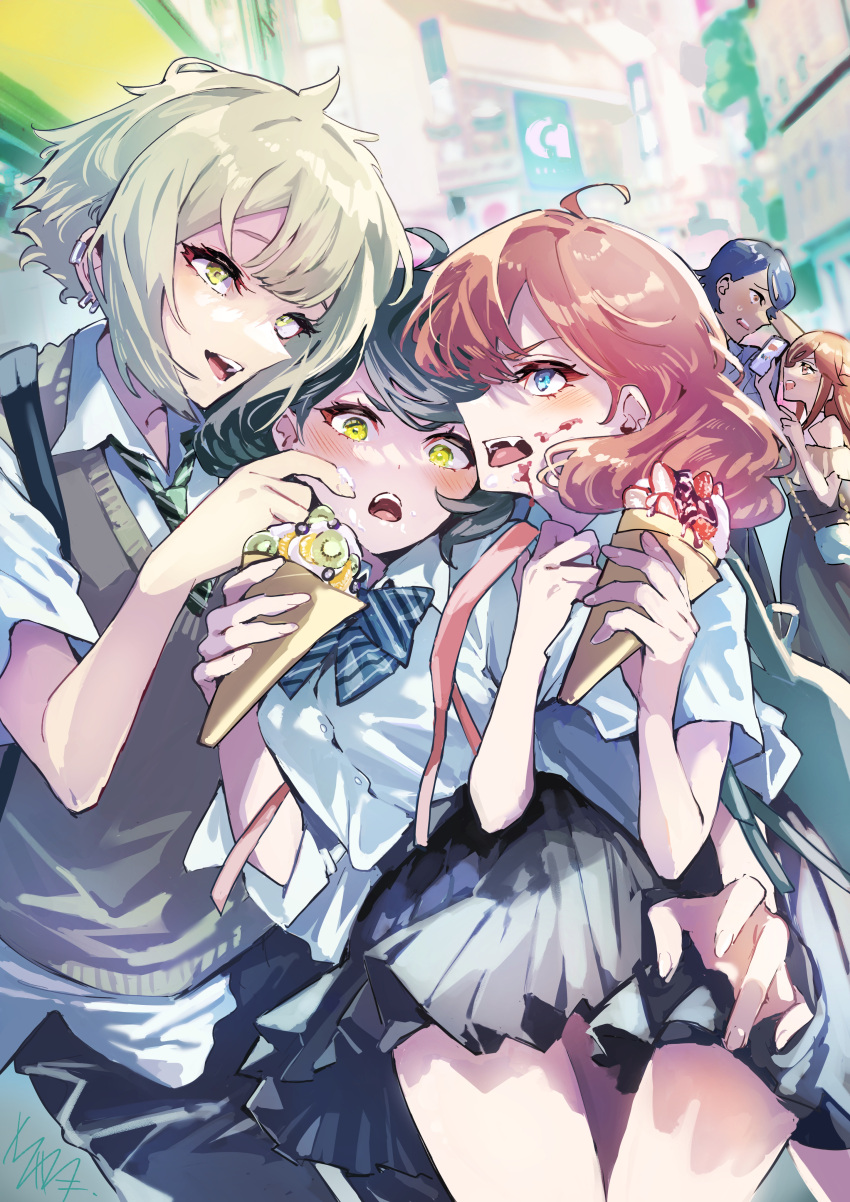 2boys, 3girls, absurdres, ahoge, alternate_universe, bag, bisexual_female, blue_hair
