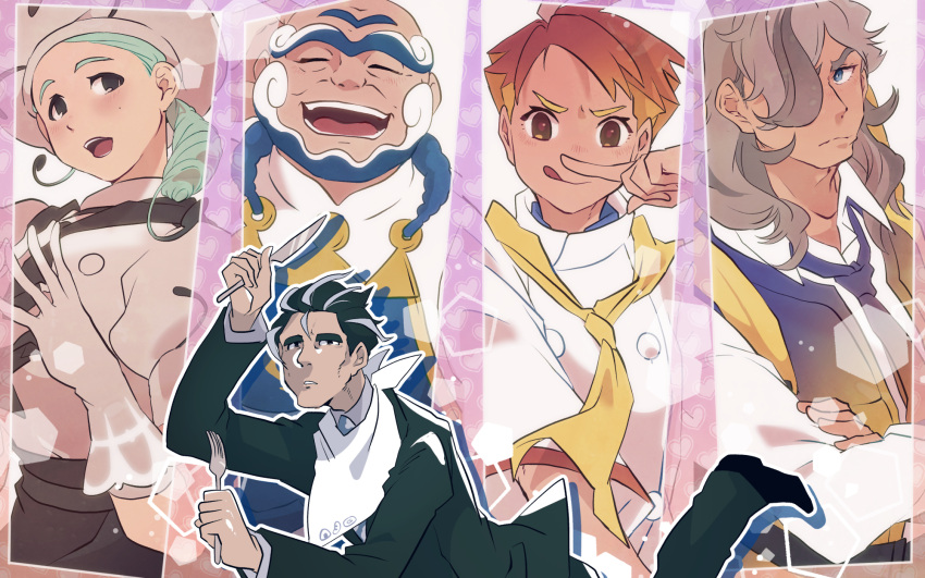 1girl, 4boys, apron, arven_(pokemon), ascot, bald, beard, black_hair