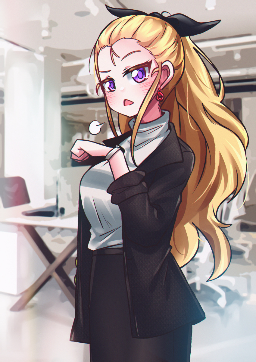 1girl, absurdres, alternate_eye_color, assam_(girls_und_panzer), black_jacket, black_ribbon, black_skirt, blonde_hair