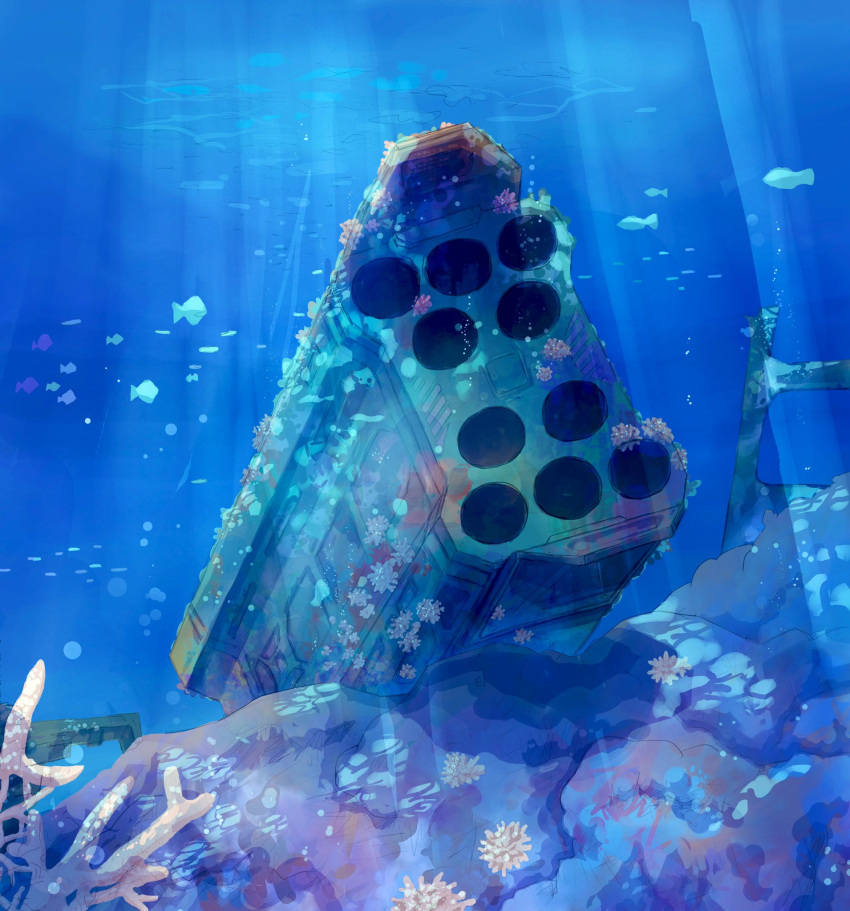battle_of_titans, coral, coral_reef, fish, highres, light_rays, mecha, no_humans, ocean, robot, rocket_launcher, scenery, submerged, sunbeam, sunlight, tirpitz_(battle_of_titans), vdt, walker, weapon, wreckage