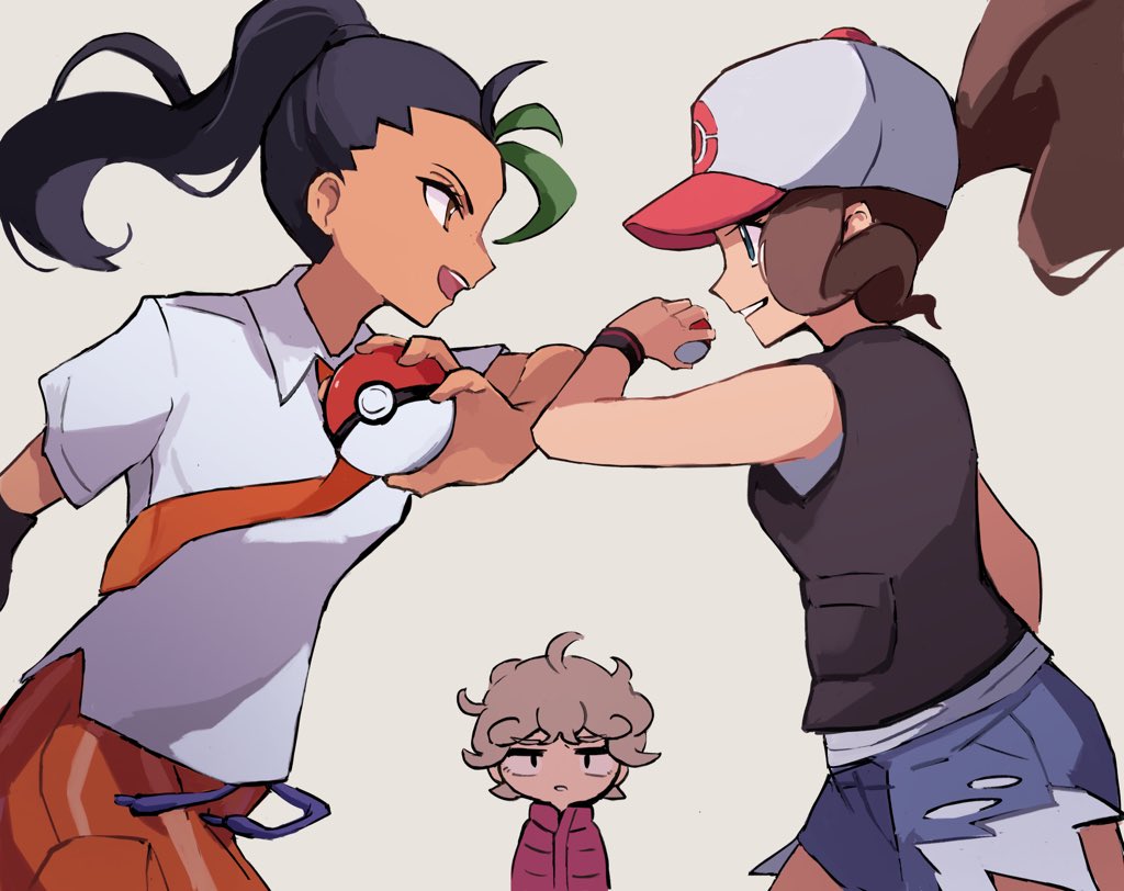 1boy, 2girls, baseball_cap, bede_(pokemon), black_hair, black_vest, black_wristband, brown_hair