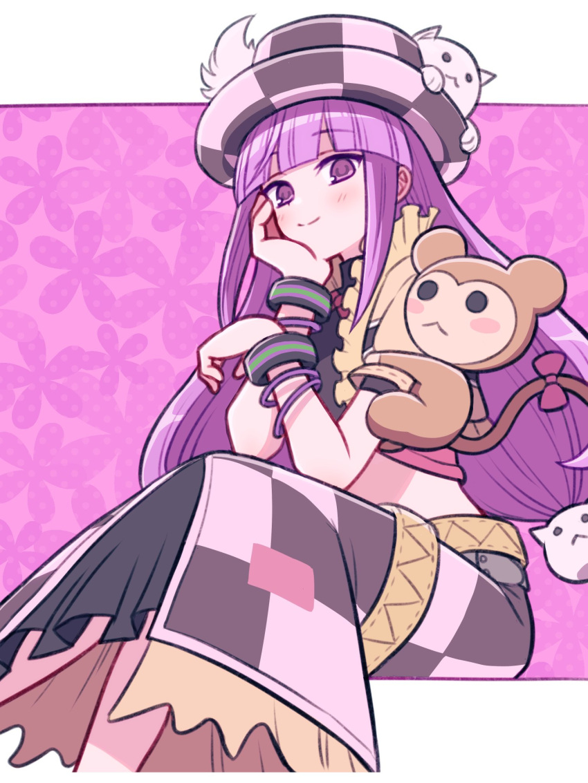 1girl, animal_on_shoulder, apo_518, blunt_bangs, blush, bracelet, cat_hair_ornament, closed_mouth, commentary_request, crop_top, elisa_jalapeno_viviage, evelyn_(rune_factory), hair_ornament, hand_on_own_chin, hand_up, hat, head_rest, highres, jewelry, long_hair, looking_at_viewer, low-tied_long_hair, monkey, multicolored_clothes, multicolored_skirt, purple_hair, rune_factory, rune_factory_3, sitting, skirt, smile, solo, top_hat, twintails, very_long_hair, violet_eyes