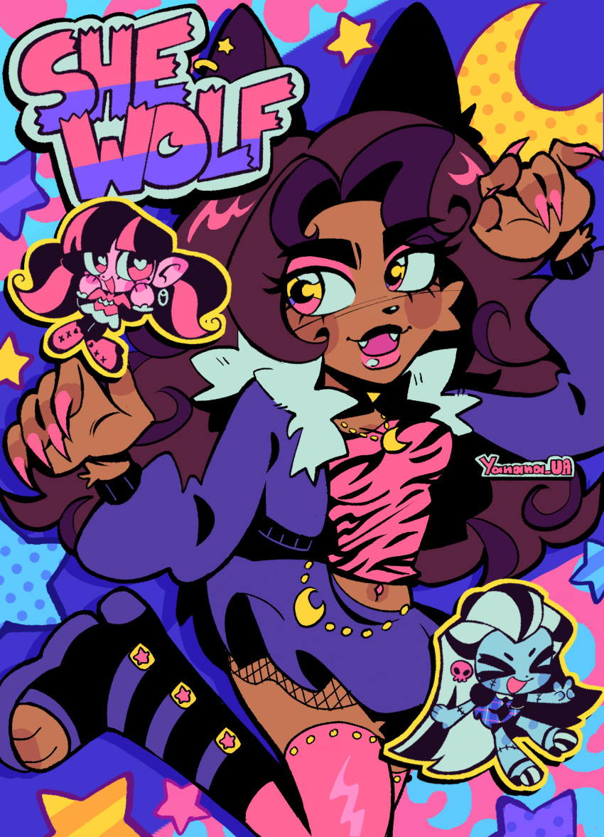 3girls, animal_ears, bat_ornament, black_hair, brown_hair, clawdeen_wolf, closed_eyes, colored_skin