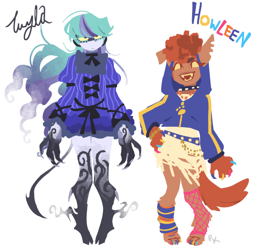 2girls, absurdres, animal_ears, blue_dress, blue_hair, character_name, claws, colored_sclera