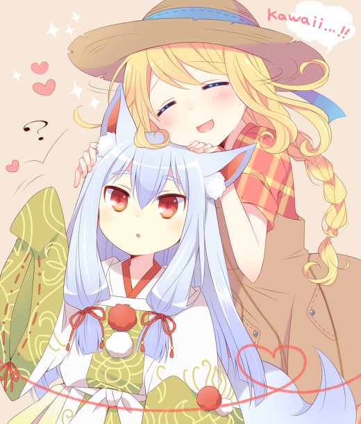 1girl, 1other, :d, ?, ^_^, animal_ears, blonde_hair, blue_hair
