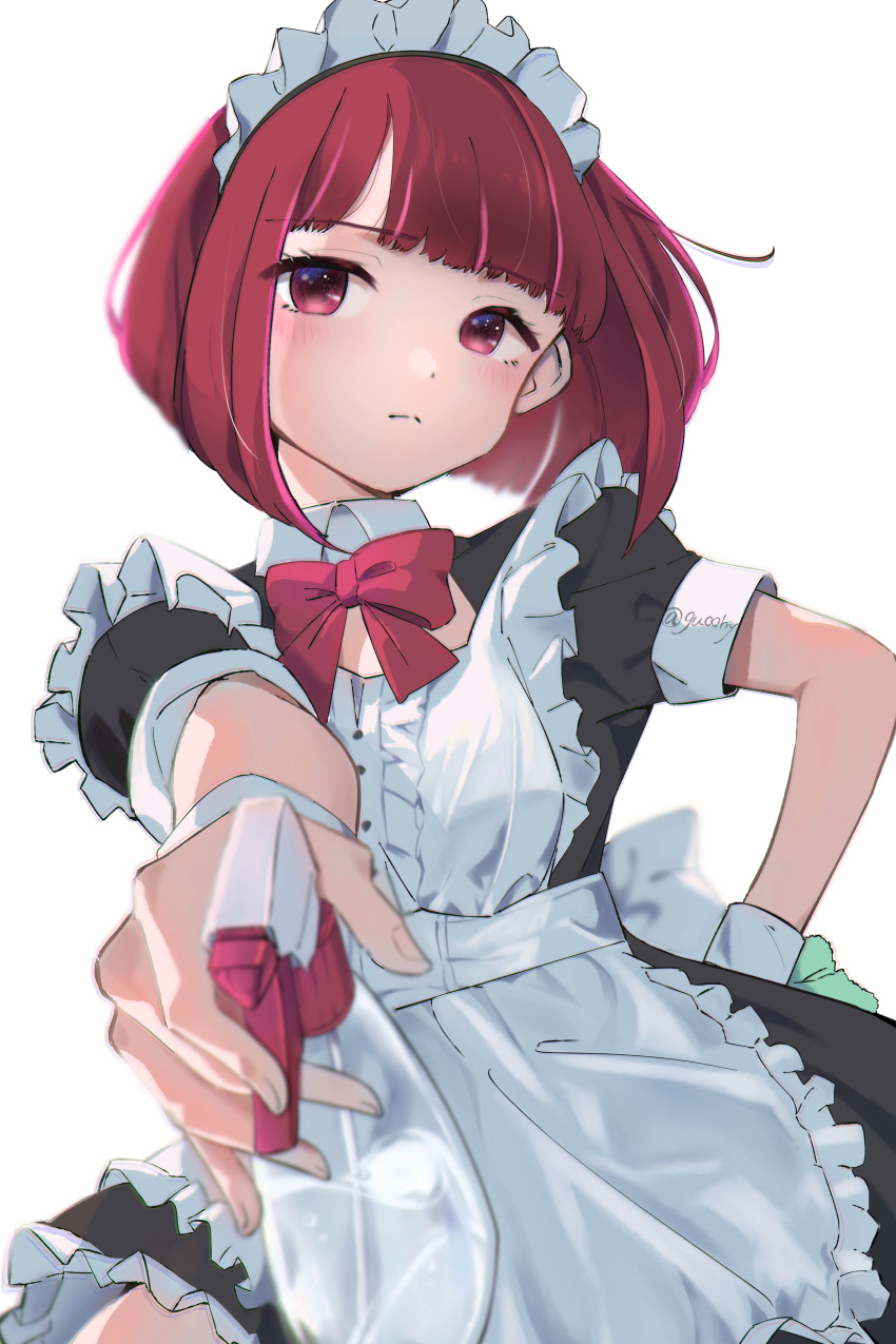 1girl, absurdres, apron, arima_kana, bob_cut, bow, bowtie, closed_mouth, dress, gu00hy, highres, inverted_bob, lace, lace_trim, looking_at_viewer, maid, maid_headdress, oshi_no_ko, red_bow, red_bowtie, red_eyes, redhead, short_hair, simple_background, solo, white_apron, white_background
