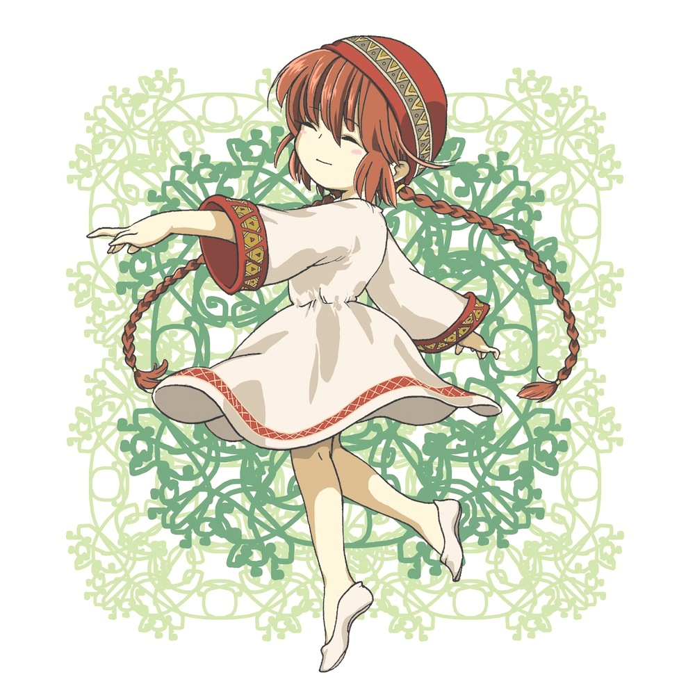 1girl, blush_stickers, brown_hair, closed_eyes, closed_mouth, dress, full_body, kukuri_(mahoujin_guruguru)