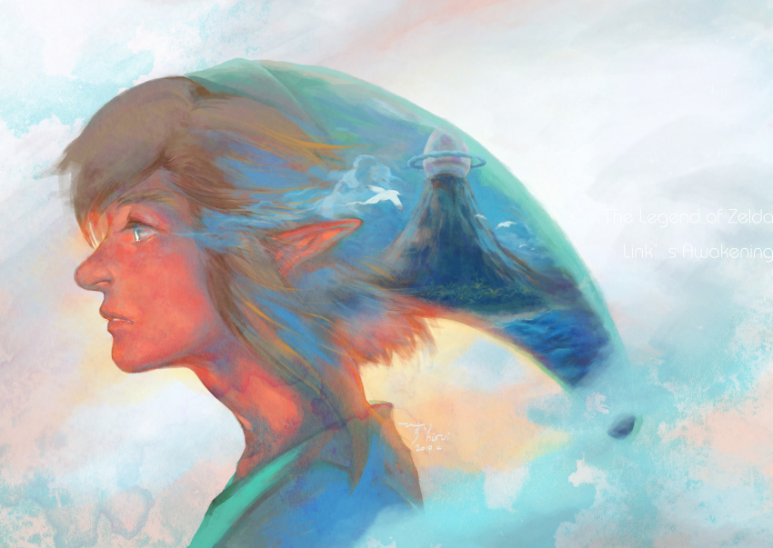 1boy, absurdres, bird, brown_hair, copyright_name, dated, faux_traditional_media, from_side, hat, highres, island, link, male_focus, momoakira, mountain, parted_lips, pointy_ears, profile, seagull, short_hair, signature, solo, the_legend_of_zelda, the_legend_of_zelda:_link's_awakening, upper_body, windfish's_egg