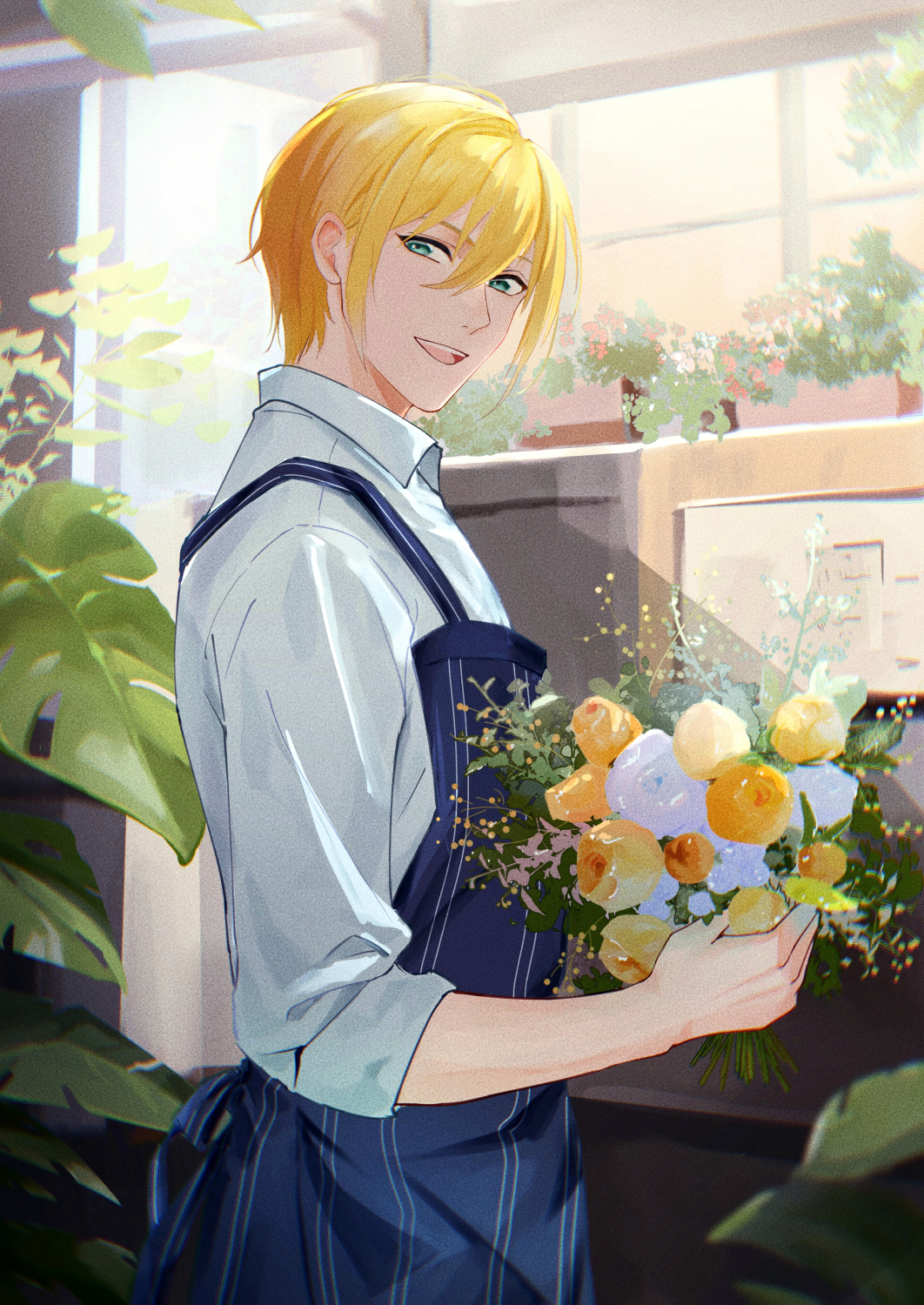 1boy, apron, blonde_hair, blue_apron, bouquet, collared_shirt, flower, flower_shop
