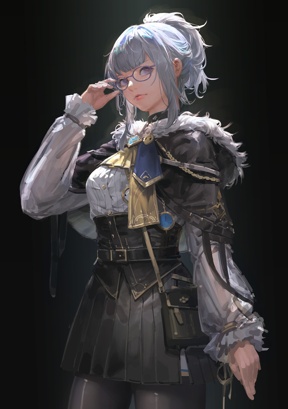 1girl, adjusting_eyewear, bag, black_background, black_leggings, black_skirt, blue_hair, commentary_request, fur-trimmed_shrug, fur_trim, handbag, highres, leggings, original, pocket_watch, ponytail, puffy_sleeves, shirt, skirt, solo, violet_eyes, watch, white_shirt, youshun_(naturaljuice)