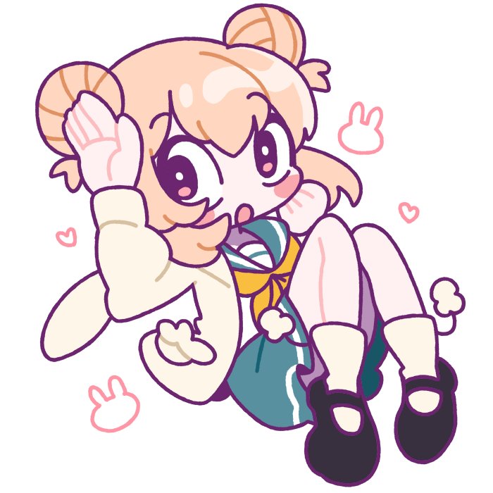 1girl, animal_print, battle_girl_high_school, black_footwear, blonde_hair, blush, bow, bowtie, chibi, commentary, fluff, hair_bun, jacket, mary_janes, open_clothes, open_jacket, open_mouth, orange_bow, orange_bowtie, pink_eyes, rabbit_pose, rabbit_symbol, school_uniform, serafuku, shoes, socks, solo, symbol-only_commentary, vfrog75, watagi_michelle, white_jacket, white_socks