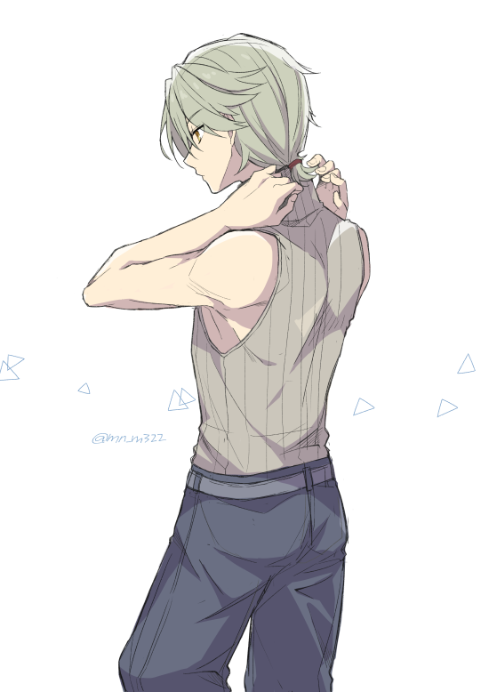 1boy, black_pants, closed_mouth, commentary_request, from_behind, grey_hair, hands_up, male_focus