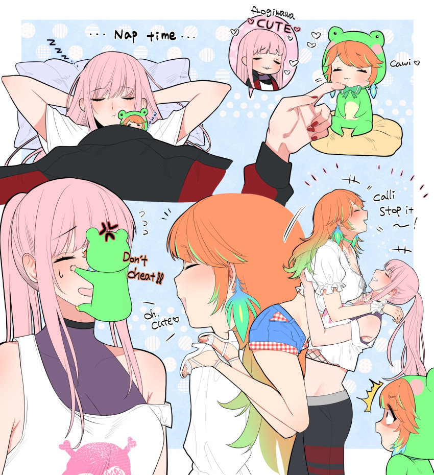 2girls, angry, animal_costume, animal_hood, border, choker, crop_top, denim, denim_shorts, earrings, feather_earrings, feathers, flying_sweatdrops, frog, frog_costume, frog_hood, frogiwawa, gradient_hair, green_choker, green_hair, heart, highres, hololive, hololive_english, hood, jacket, jewelry, lifting_person, long_hair, midriff, mini_person, minigirl, miyamoto_(dominocube6), mori_calliope, mori_calliope_(2nd_costume), multicolored_clothes, multicolored_hair, multicolored_jacket, multiple_girls, official_alternate_costume, open_clothes, open_fly, open_mouth, open_shorts, orange_hair, pants, pink_hair, ponytail, red_nails, shirt, shorts, simple_background, skull_and_crossbones, skull_print, smile, spoken_heart, takanashi_kiara, takanashi_kiara_(2nd_costume), two-tone_jacket, virtual_youtuber, white_border, yuri