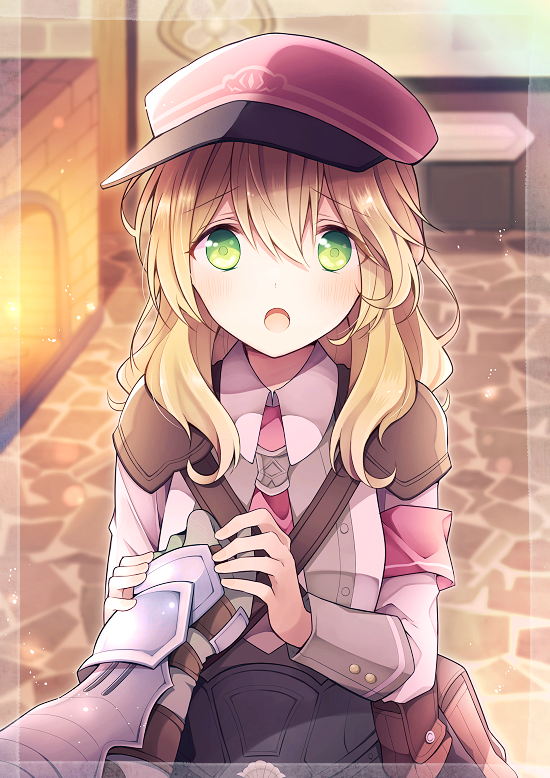 1boy, 1girl, :o, alice_(rune_factory), armband, blonde_hair, blush, collared_shirt