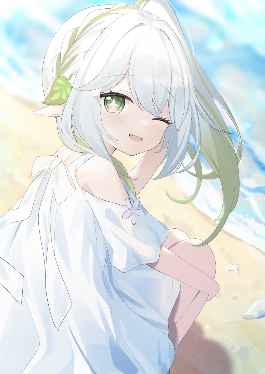 1girl, ;d, absurdres, alternate_costume, beach, braid, commentary_request, cross-shaped_pupils
