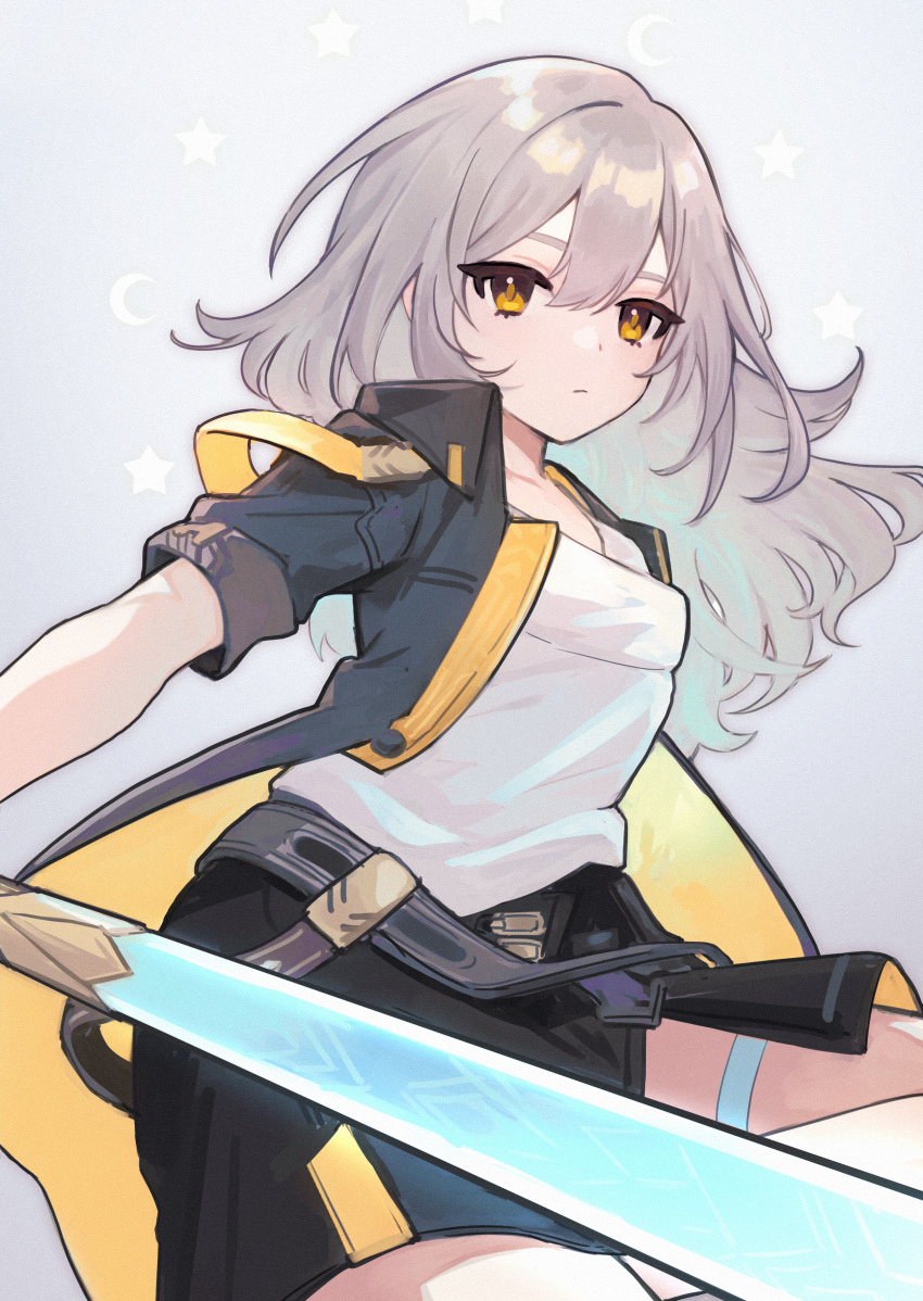 1girl, 5kakuten, absurdres, baseball_bat, black_jacket, black_skirt, closed_mouth, commentary_request, cowboy_shot, grey_background, grey_hair, hair_between_eyes, highres, holding, holding_baseball_bat, honkai:_star_rail, honkai_(series), jacket, jitome, long_hair, march_7th_(honkai:_star_rail), shirt, skirt, solo, star_(symbol), thigh_strap, two-sided_fabric, two-sided_jacket, white_shirt, yellow_eyes