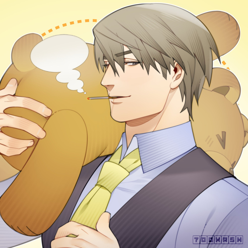 1boy, 700hash, adjusting_clothes, adjusting_necktie, blue_shirt, cigarette, green_eyes, grey_hair