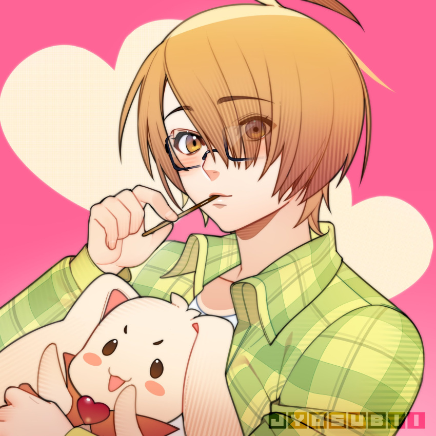 1boy, 700hash, black-framed_eyewear, blonde_hair, food, food_in_mouth, green_shirt, heart
