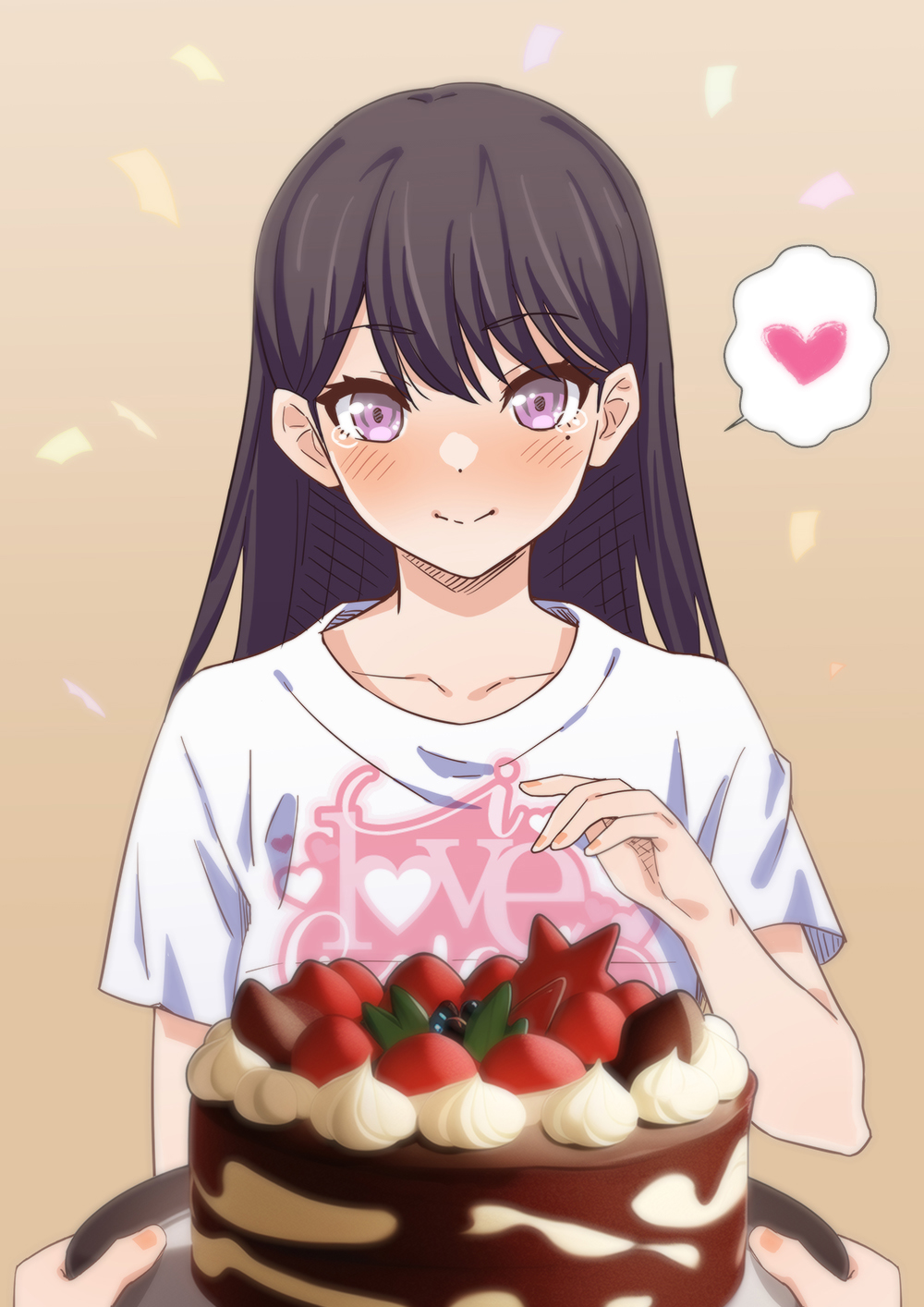 bang_dream!, birthday_cake, black_hair, cake, clothes_writing, food, heart, highres
