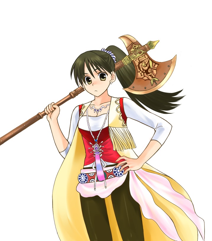 axe, brown_eyes, brown_hair, elen, long_hair, ponytail, romancing_saga, romancing_saga_3
