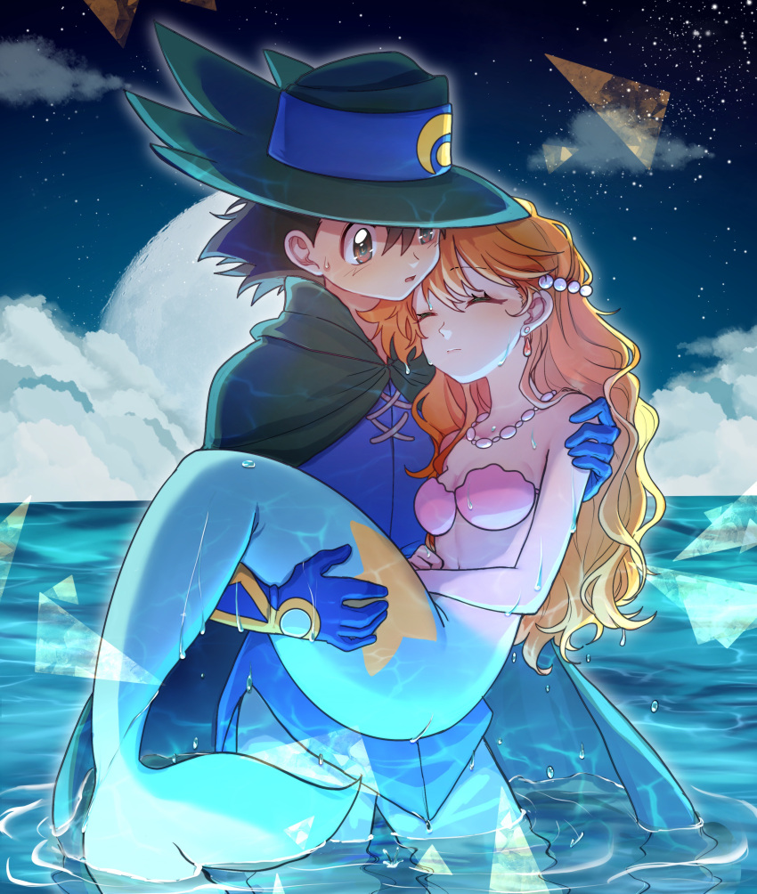 1boy, 1girl, 2614520, absurdres, ash_ketchum, beads, bikini, black_hair, breasts, brown_eyes, bubble, cape, carrying, closed_eyes, cosplay, earrings, eyelashes, gloves, hair_beads, hair_ornament, hat, highres, holding, jewelry, long_hair, looking_at_another, medium_breasts, mermaid, mermaid_misty_(pokemon), misty_(pokemon), monster_girl, moon, necklace, night, open_mouth, orange_hair, outdoors, pokemon, pokemon:_lucario_and_the_mystery_of_mew, pokemon_(anime), pokemon_(classic_anime), pokemon_rse_(anime), princess_carry, purple_shorts, seashell, shell, shell_bikini, shirt, short_hair, shorts, sir_aaron, sir_aaron_(cosplay), smile, star_(sky), swimsuit, water, wet