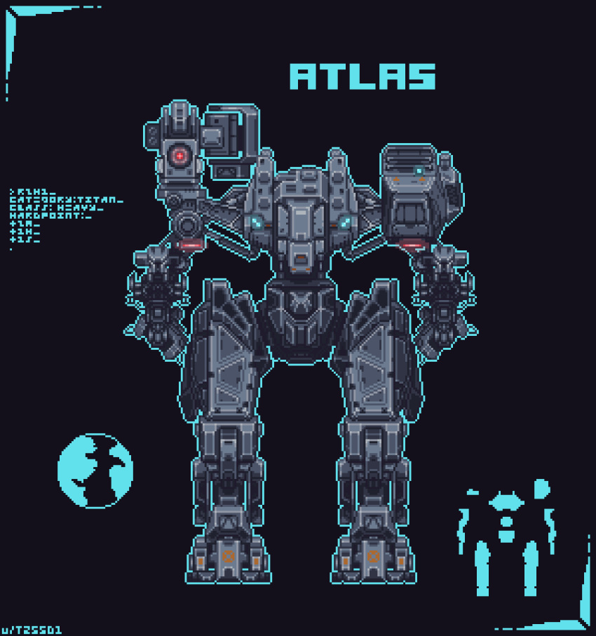 animated, animated_gif, artist_request, atlas_(battle_of_titans), autocannon, battle_of_titans, blue_outline, cannon, character_name, dark_background, globe, highres, holding, holding_weapon, mecha, mechanical_arms, mechanical_legs, outline, over_shoulder, pixel_art, robot, science_fiction, terminal, user_interface, walker, weapon, weapon_over_shoulder