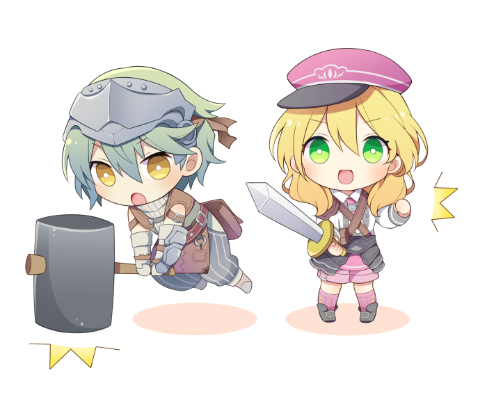 1boy, 1girl, :d, :o, alice_(rune_factory), armor, blonde_hair, blush