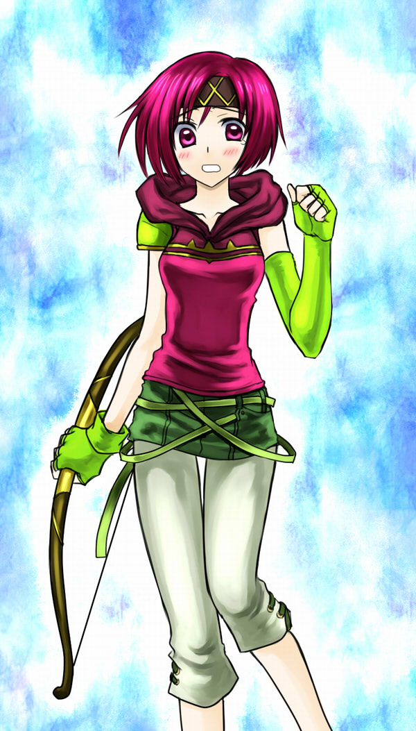 blush, bow_(weapon), fingerless_gloves, fire_emblem, fire_emblem:_seima_no_kouseki, fire_emblem_sacred_stones, gloves, headband, neimi, pink_eyes, pink_hair, short_hair, single_elbow_glove, single_glove, weapon