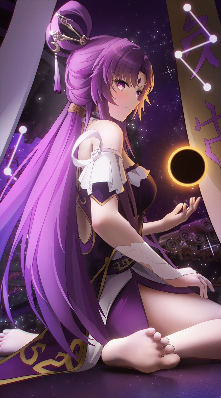 1girl, bare_shoulders, barefoot, bow-shaped_hair, breasts, closed_mouth, constellation, constellation_print