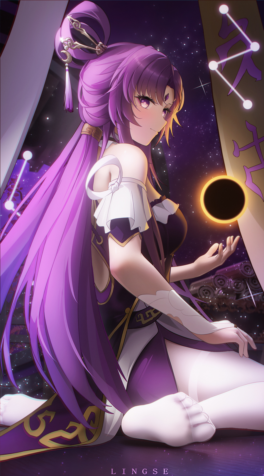 1girl, bare_shoulders, bow-shaped_hair, breasts, closed_mouth, constellation, constellation_print, detached_sleeves