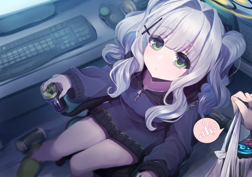 2girls, armchair, bag, black_dress, blue_archive, blunt_bangs, can, chair