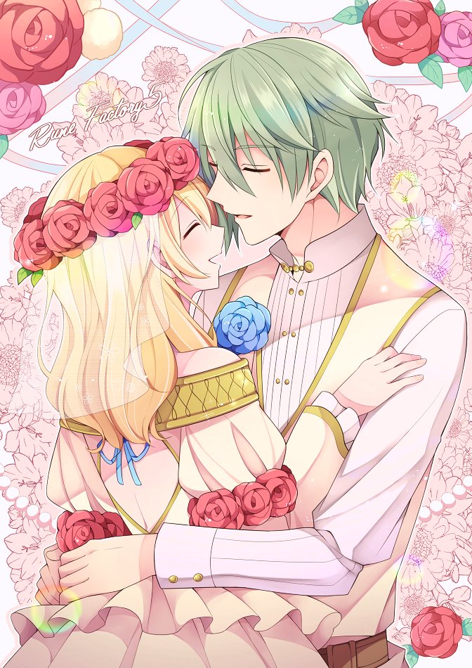 1boy, 1girl, alice_(rune_factory), back_cutout, blonde_hair, blue_flower, blue_rose, blush