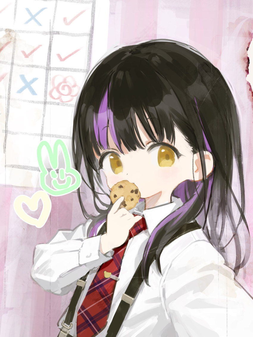 1girl, affinity_line, black_hair, collared_shirt, commentary, cookie, dress_shirt, eating, eleanor_(affinity_line), food, hair_over_shoulder, highres, holding, holding_cookie, holding_food, long_hair, long_sleeves, looking_at_viewer, multicolored_hair, necktie, plaid_necktie, purple_hair, red_necktie, shirt, sho_(sho_lwlw), solo, streaked_hair, suspenders, symbol-only_commentary, tie_clip, upper_body, white_shirt, yellow_eyes