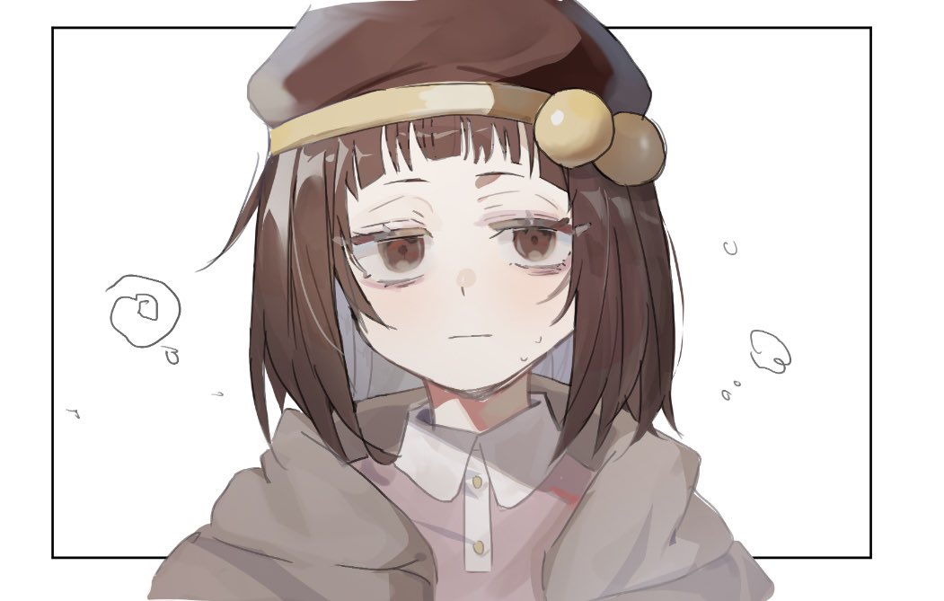 1girl, :|, bags_under_eyes, beret, blunt_bangs, blush, border, brown_eyes