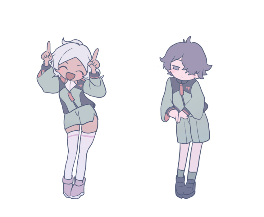 1boy, 1girl, asticassia_school_uniform, blush, chibi, dancing, dark-skinned_female, dark_skin
