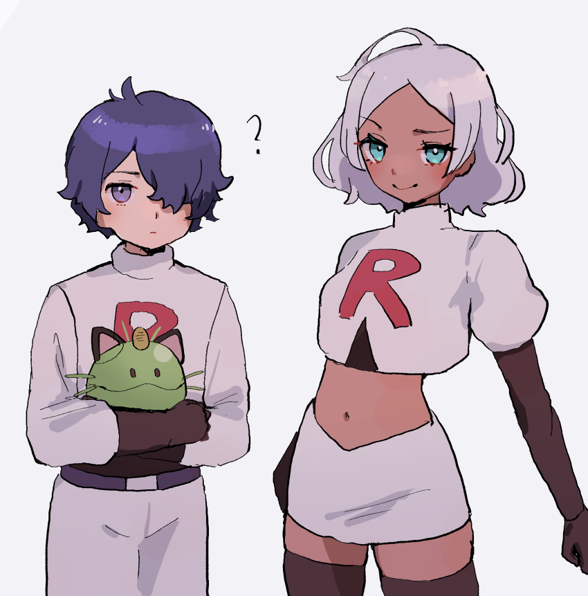 1boy, 1girl, ?, absurdres, blue_eyes, dark-skinned_female, dark_skin, gundam