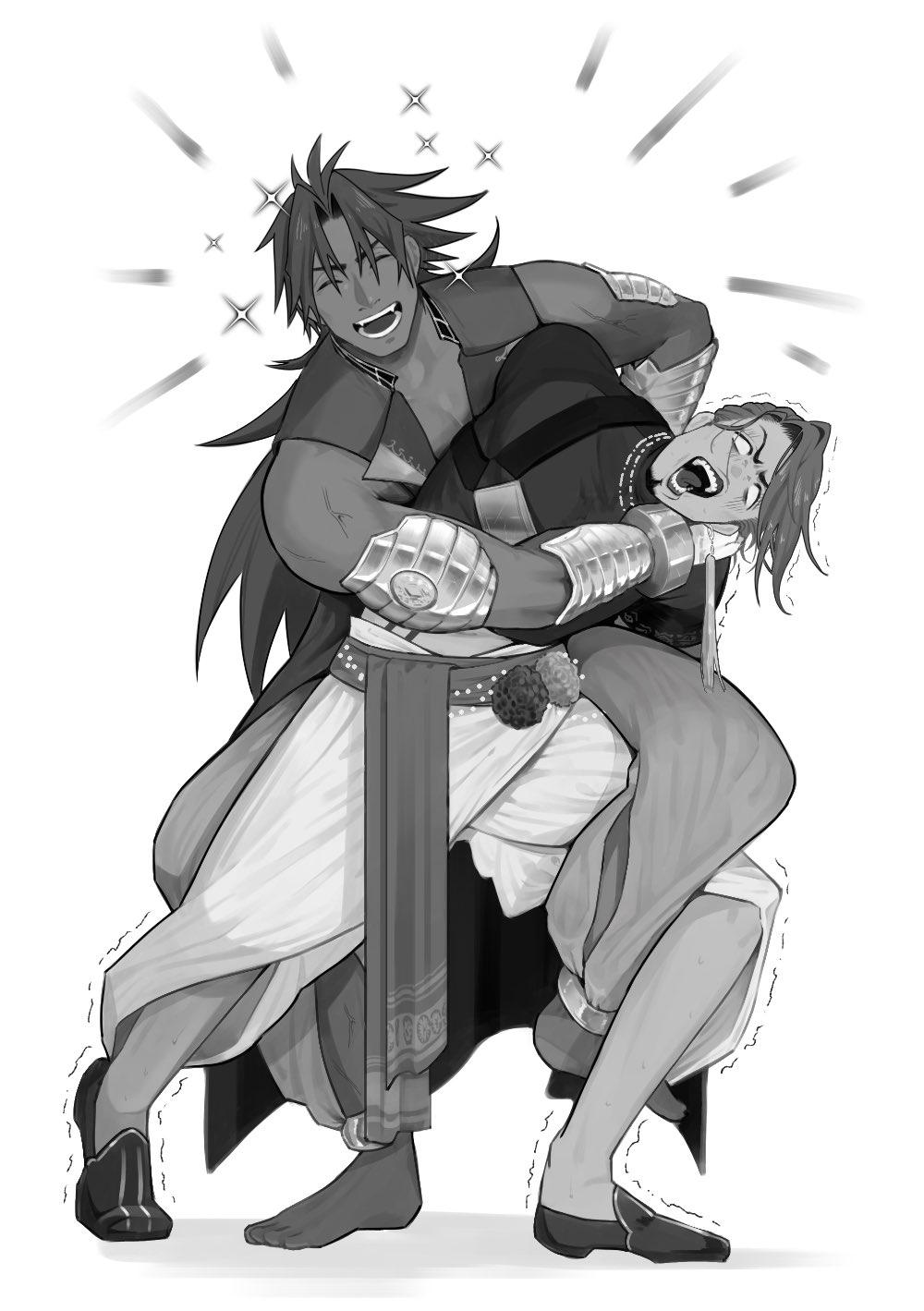 2boys, bhima_(fate), blank_eyes, brothers, dark-skinned_male, dark_skin, duryodhana_(fate), facial_hair, fate/grand_order, fate_(series), fighting, gkv1u5, goatee, happy, highres, long_hair, male_focus, multiple_boys, muscular, muscular_male, pectoral_cleavage, pectorals, pelvic_curtain, purple_hair, short_hair, siblings, sparkle, sparkling_aura, strangling, trembling_legs, vest