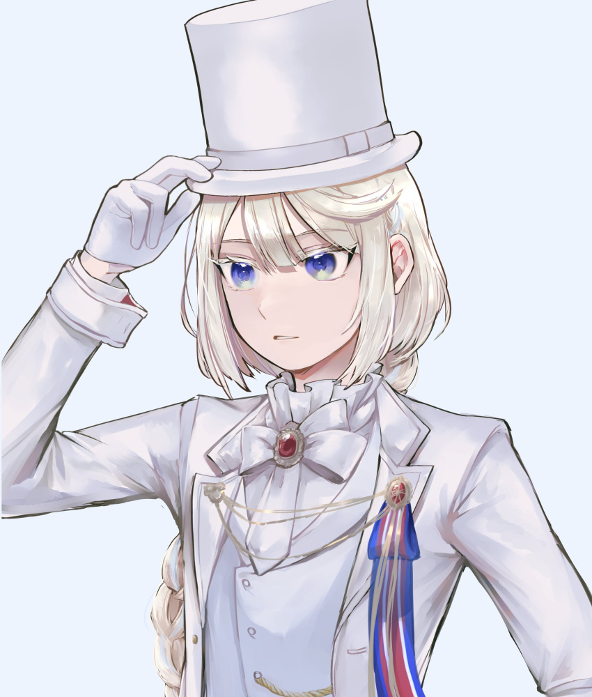 1boy, absurdres, blonde_hair, blue_eyes, bow, bowtie, braid, braided_ponytail