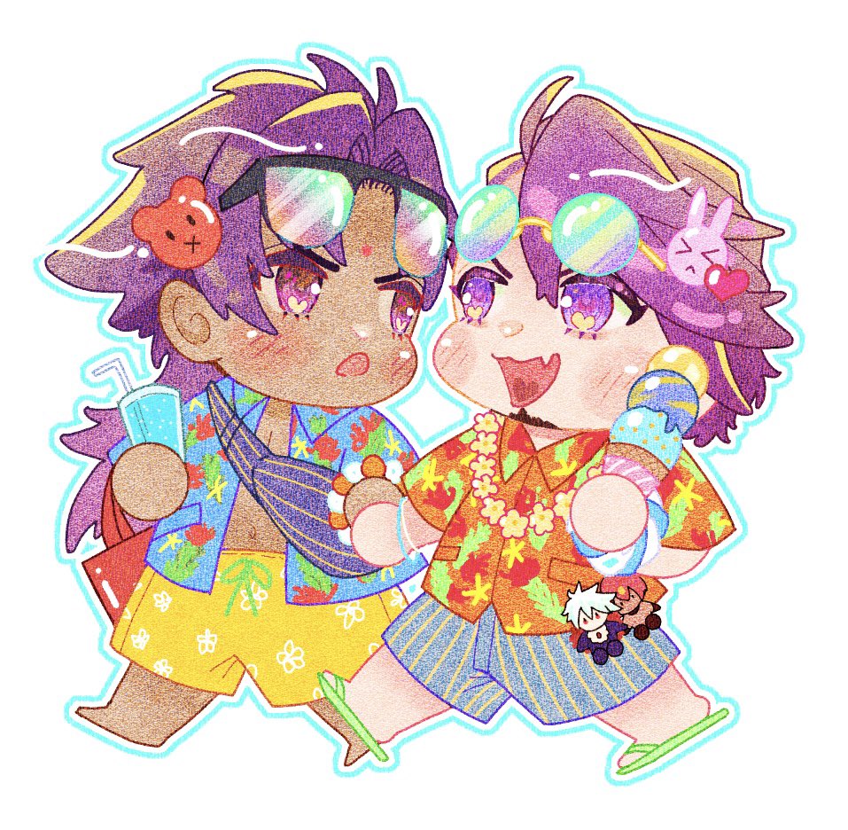 2boys, bhima_(fate), blush_stickers, brothers, chibi, dark-skinned_male, dark_skin, duryodhana_(fate), eye_contact, facial_hair, fang, fate/grand_order, fate_(series), food, gkv1u5, goatee, heart, heart_in_eye, holding, holding_food, holding_ice_cream, ice_cream, long_hair, looking_at_another, male_focus, male_swimwear, multiple_boys, purple_hair, short_hair, siblings, skin_fang, sunglasses, swim_trunks, symbol_in_eye, walking