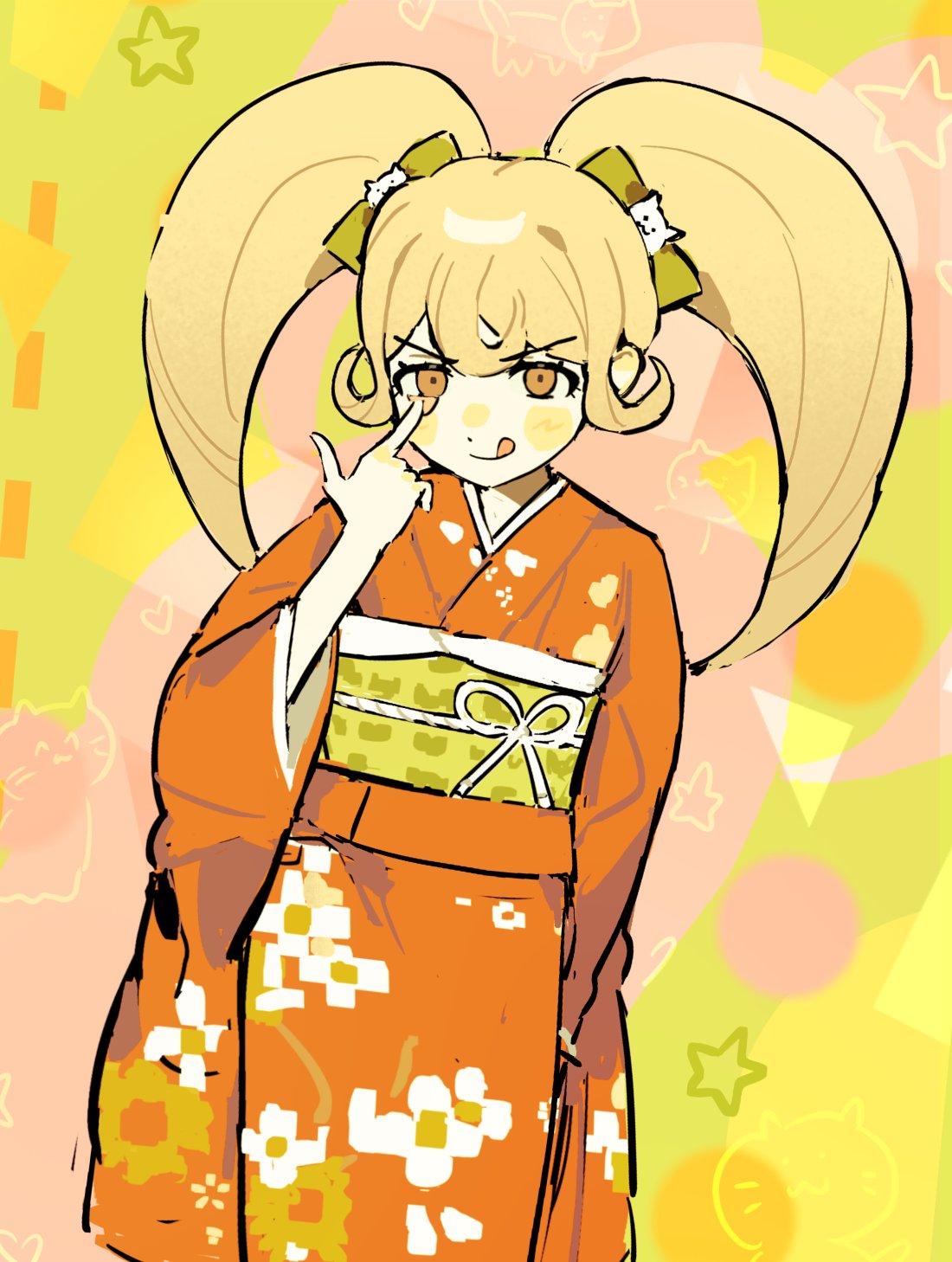 1girl, :q, blonde_hair, blush_stickers, bow, cat_hair_ornament, danganronpa_(series), danganronpa_2:_goodbye_despair