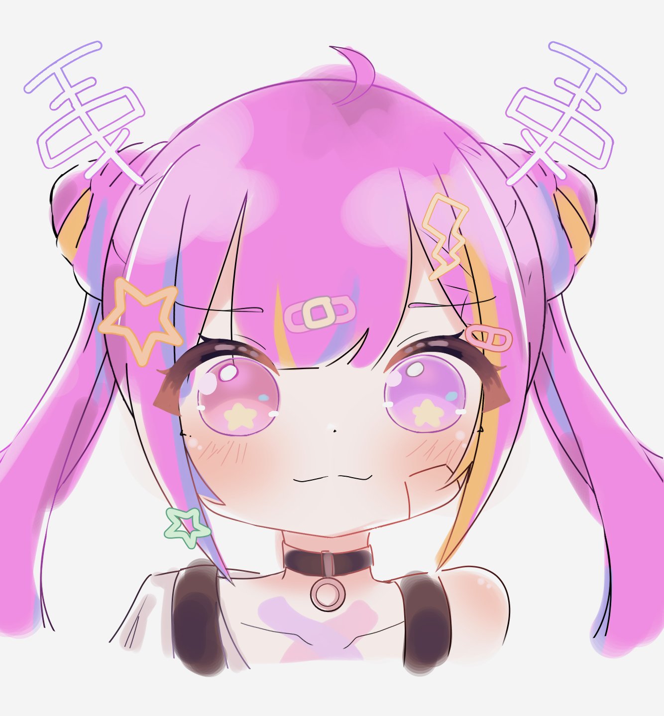 1girl, :3, ahoge, bandaid, bandaid_on_face, black_choker, blonde_hair, blunt_bangs